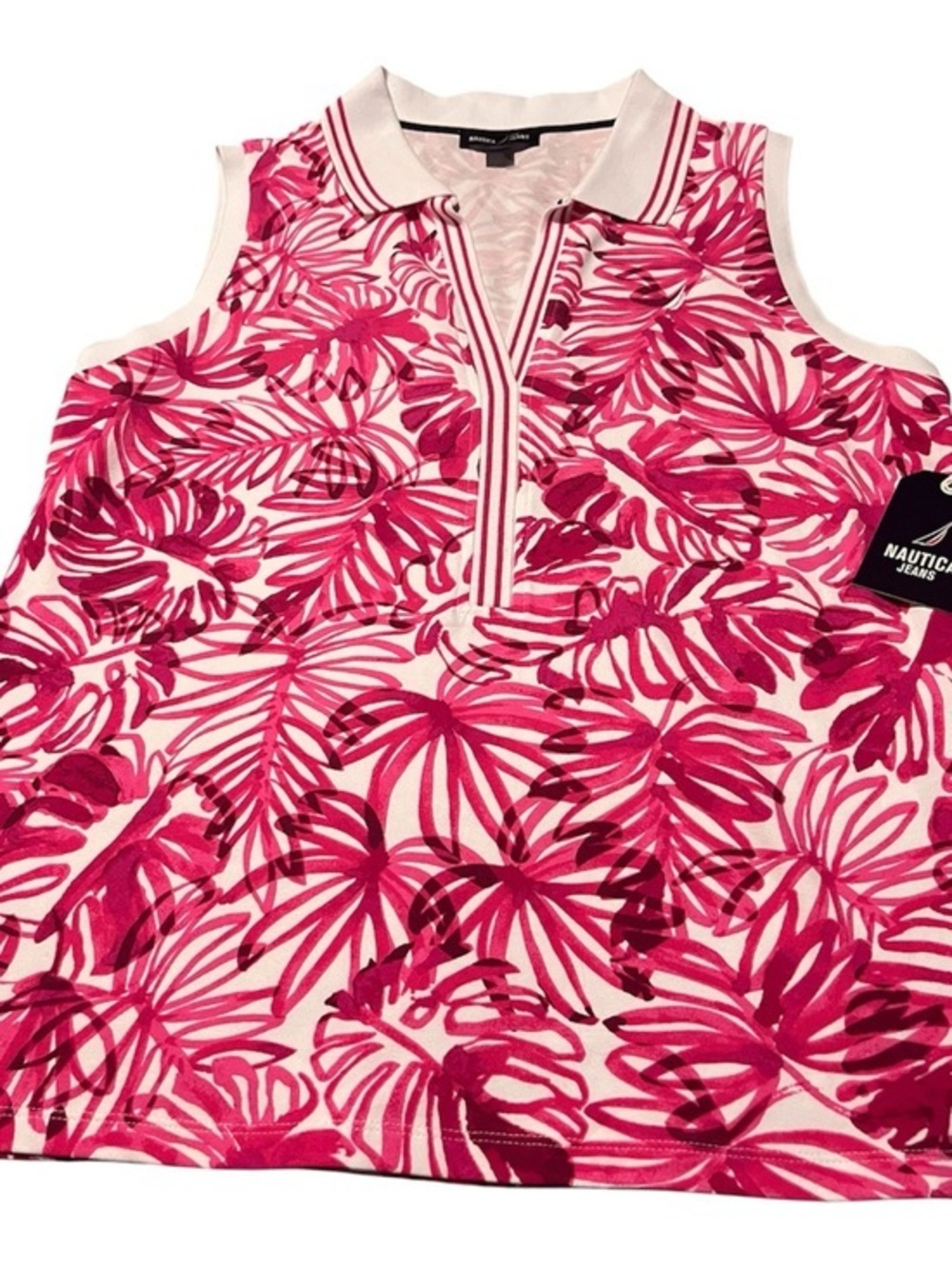 Nautica Jeans White-Collar Pink Palm Print Sleeveless Polo